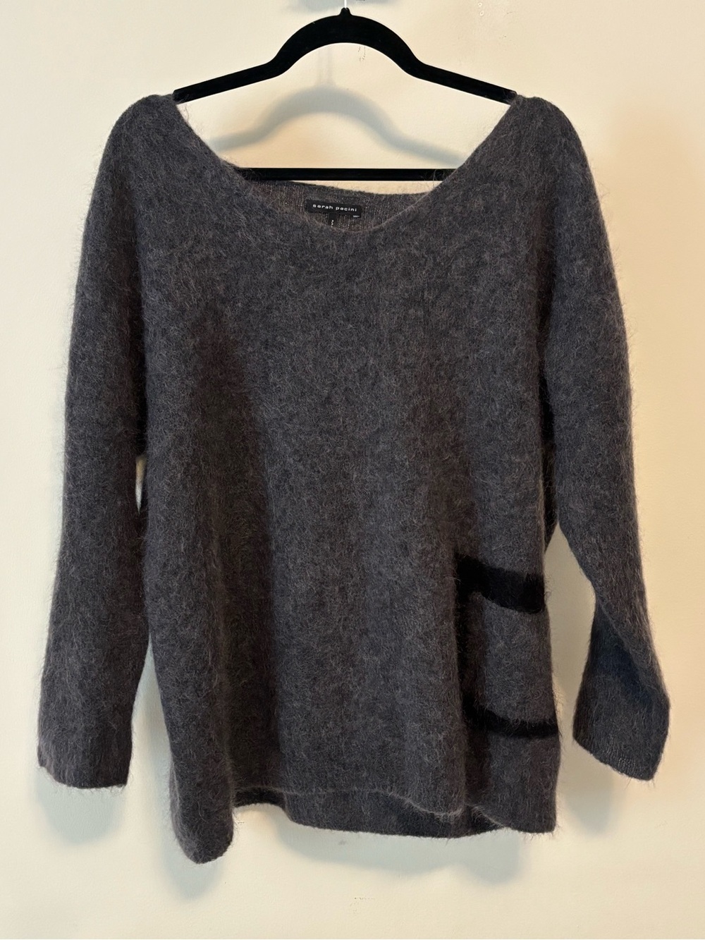 Sarah Pacini Charcoal Gray Fuzzy Scoop Neck Sweater